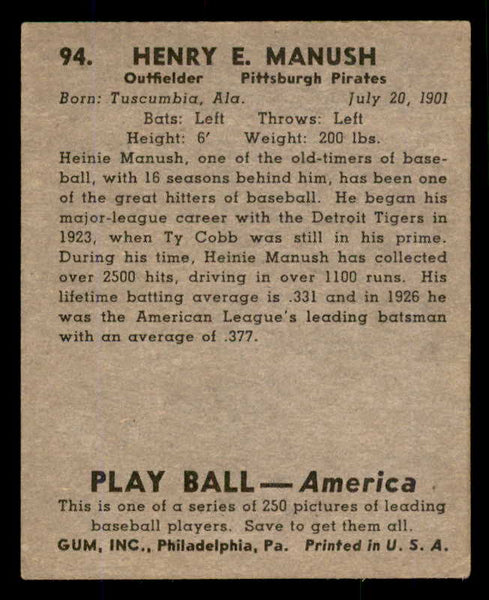 1939 Play Ball #094 Heinie Manush Pirates VG-EX 558305