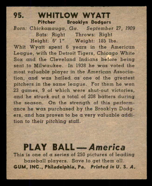 1939 Play Ball #095 Whit Wyatt Dodgers NR-MT 558306