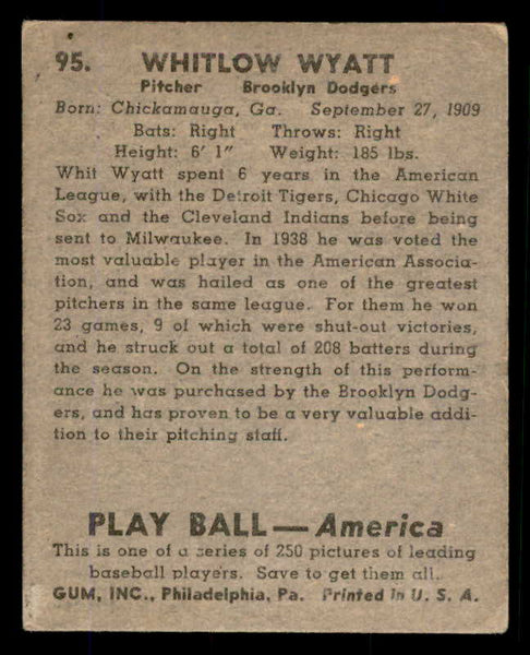 1939 Play Ball #095 Whit Wyatt Dodgers VG-EX 558307