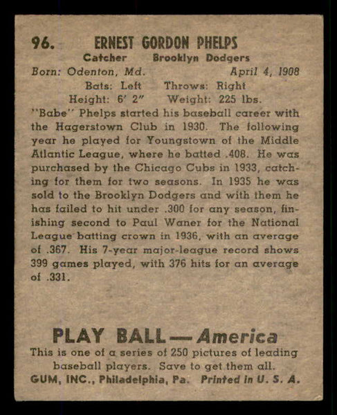1939 Play Ball #096 Babe Phelps Dodgers VG-EX 558308