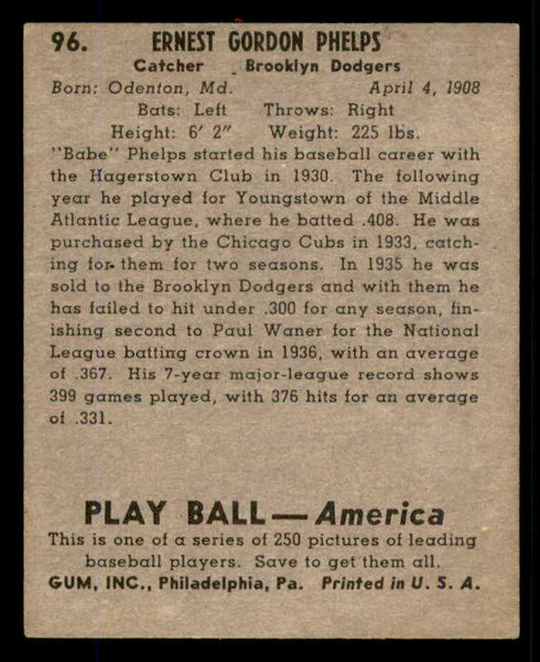 1939 Play Ball #096 Babe Phelps Dodgers VG/VG-EX 558309