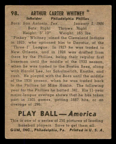 1939 Play Ball #098 Pinky Whitney Phillies EX 558314