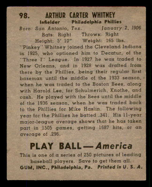 1939 Play Ball #098 Pinky Whitney Phillies EX 558315