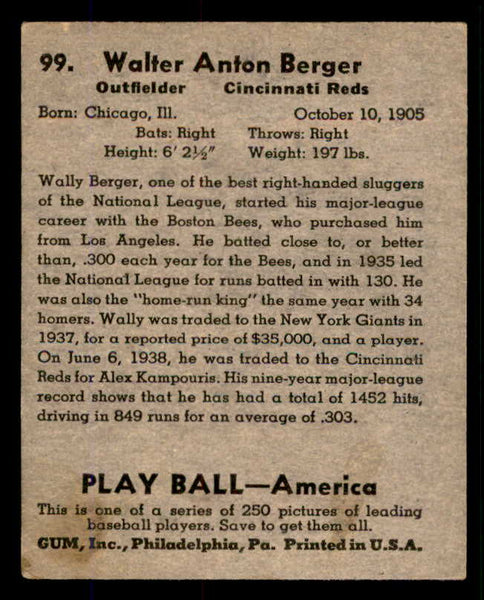 1939 Play Ball #099 Wally Berger Reds VG 558317