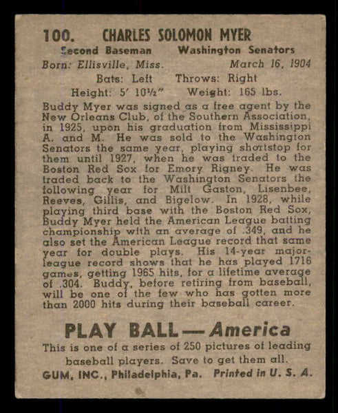 1939 Play Ball #100 Buddy Myer Senators EX 558318