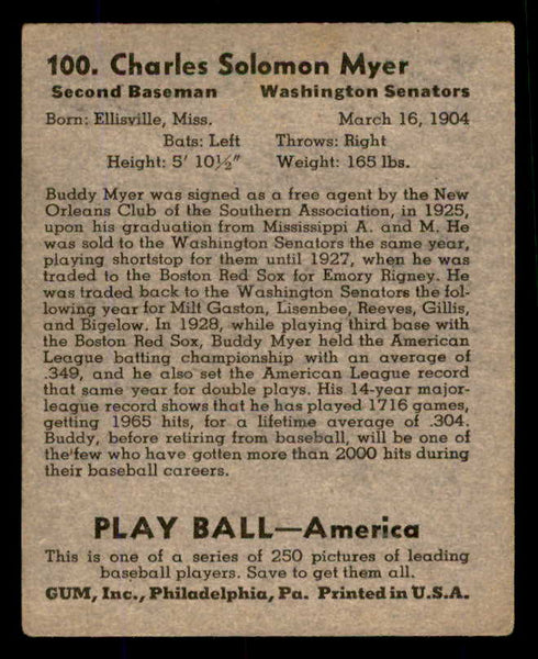 1939 Play Ball #100 Buddy Myer Senators VG 558319