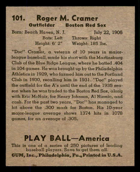1939 Play Ball #101 Doc Cramer Red Sox EX 558320