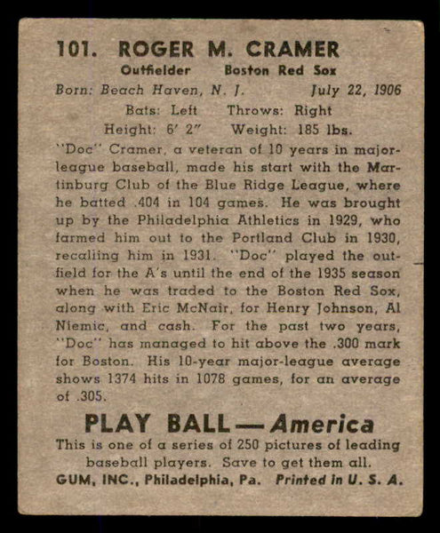 1939 Play Ball #101 Doc Cramer Red Sox VG-EX 558321