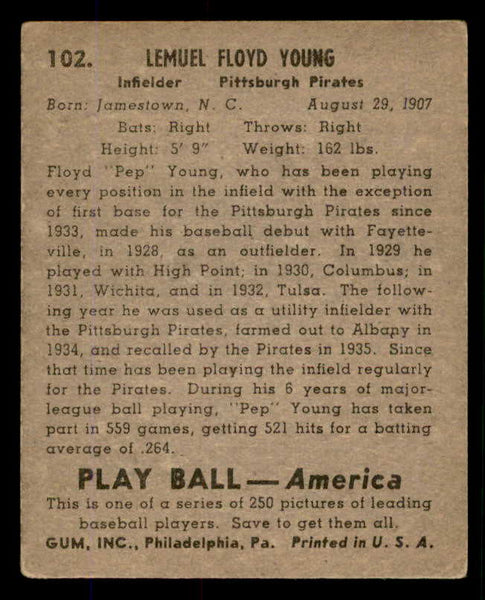 1939 Play Ball #102 Pep Young Pirates EX 558322