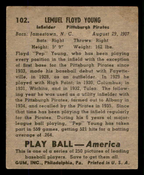 1939 Play Ball #102 Pep Young Pirates VG-EX 558323
