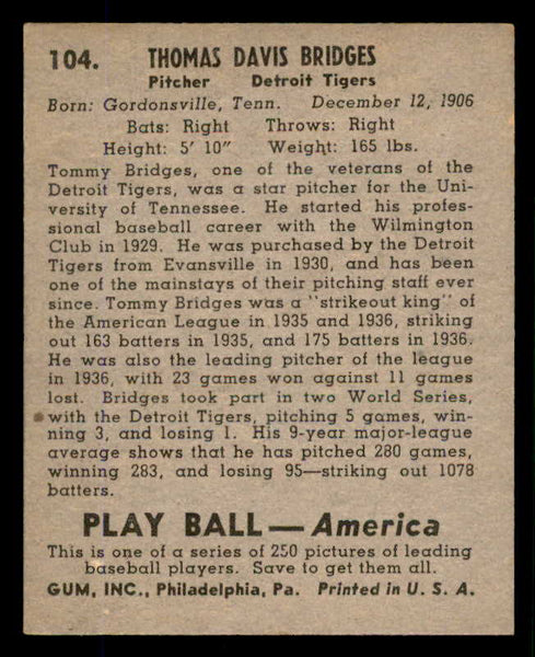 1939 Play Ball #104 Tommy Bridges Tigers EX 558325