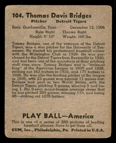 1939 Play Ball #104 Tommy Bridges Tigers Good 558326