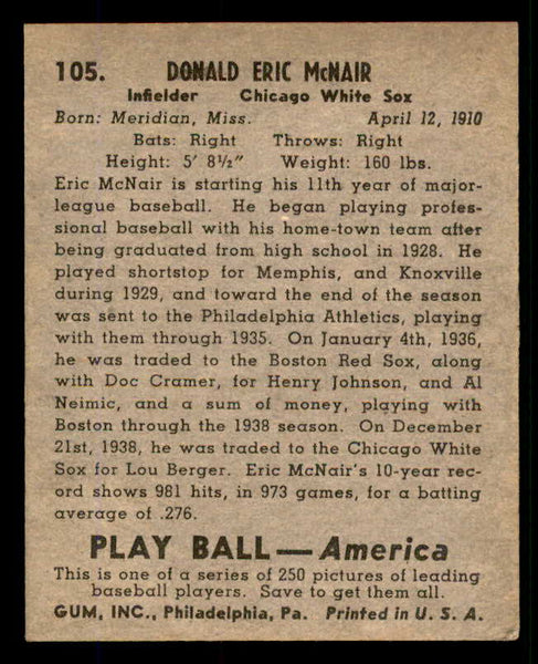 1939 Play Ball #105 Eric McNair White Sox EX-MT 558327