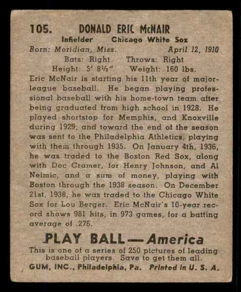 1939 Play Ball #105 Eric McNair White Sox VG-EX 558328