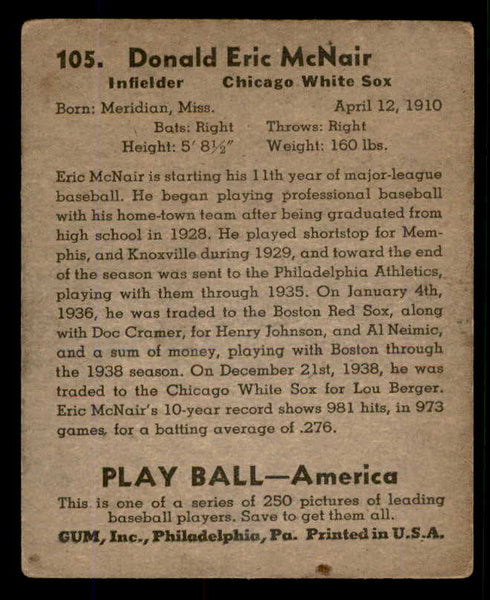 1939 Play Ball #105 Eric McNair White Sox VG-EX 558329