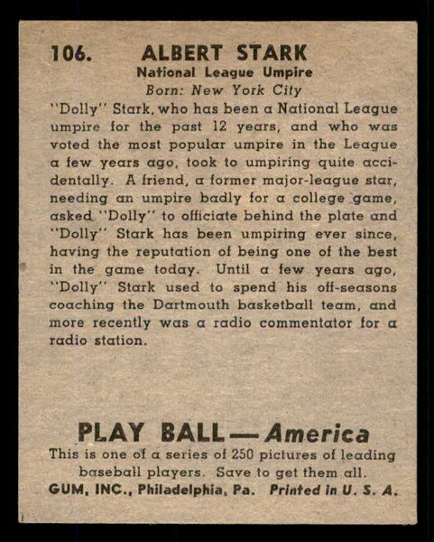 1939 Play Ball #106 Dolly Stark Umpire EX-MT 558330