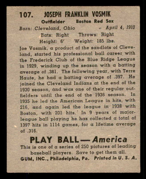1939 Play Ball #107 Joe Vosmik Red Sox EX 558331