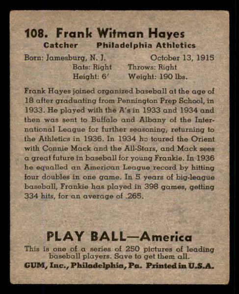 1939 Play Ball #108 Frankie Hayes A's VG-EX 558334