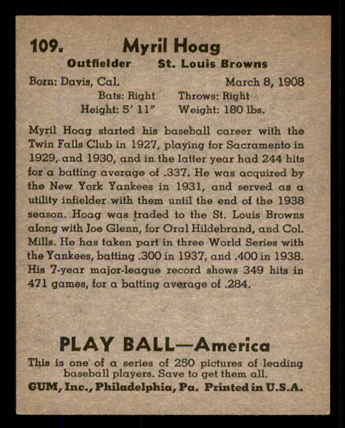 1939 Play Ball #109 Myril Hoag Browns NR-MT 558336