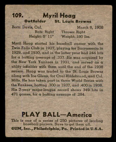 1939 Play Ball #109 Myril Hoag Browns VG-EX 558337