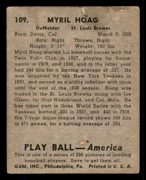 1939 Play Ball #109 Myril Hoag Browns FR-GD front damage 558338
