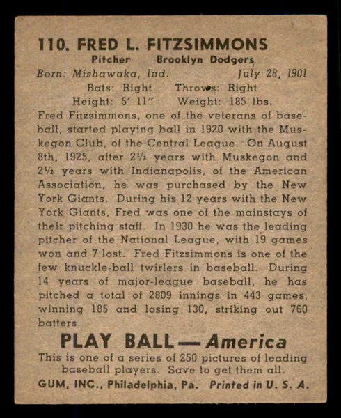 1939 Play Ball #110 Fred Fitzsimmons Dodgers EX-MT 558339