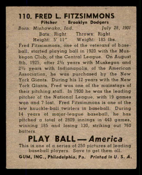 1939 Play Ball #110 Fred Fitzsimmons Dodgers EX 558340
