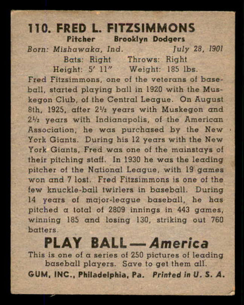1939 Play Ball #110 Fred Fitzsimmons Dodgers GD-VG 558341