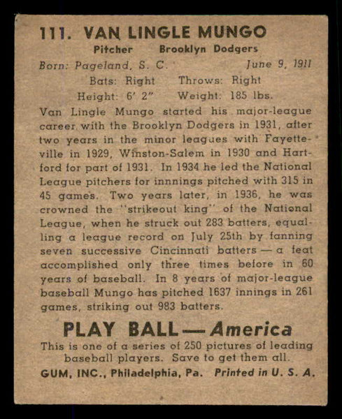 1939 Play Ball #111 Van Mungo Dodgers VG-EX 558342