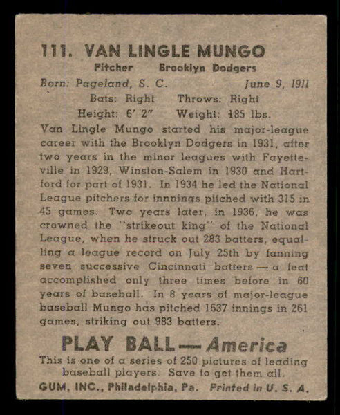 1939 Play Ball #111 Van Mungo Dodgers GD-VG 558343