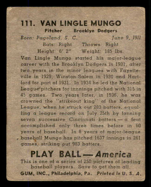 1939 Play Ball #111 Van Mungo Dodgers FR-GD/GD front damage 558344