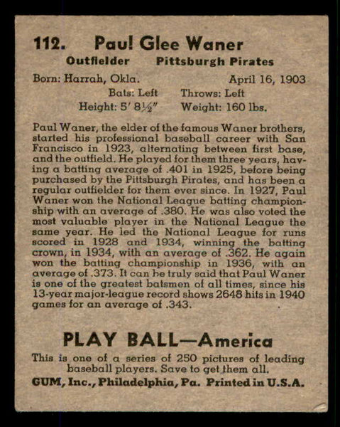 1939 Play Ball #112 Paul Waner Pirates VG-EX 558345
