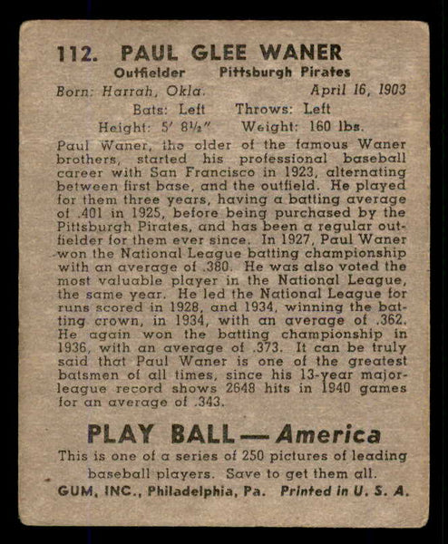 1939 Play Ball #112 Paul Waner Pirates Good 558346