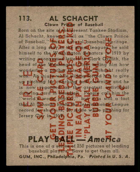 1939 Play Ball #113 Al Schacht Senators EX-MT Sample 558347