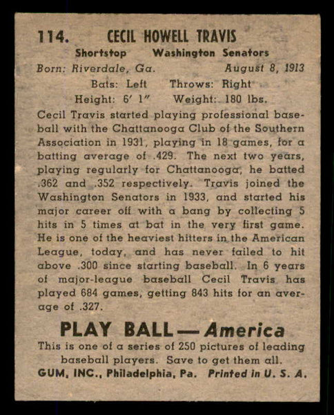 1939 Play Ball #114 Cecil Travis Senators EX 558348