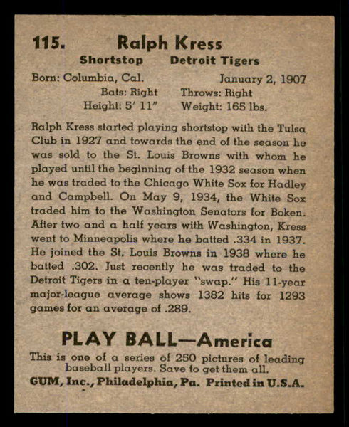 1939 Play Ball #115 Red Kress Tigers NR-MT 558351