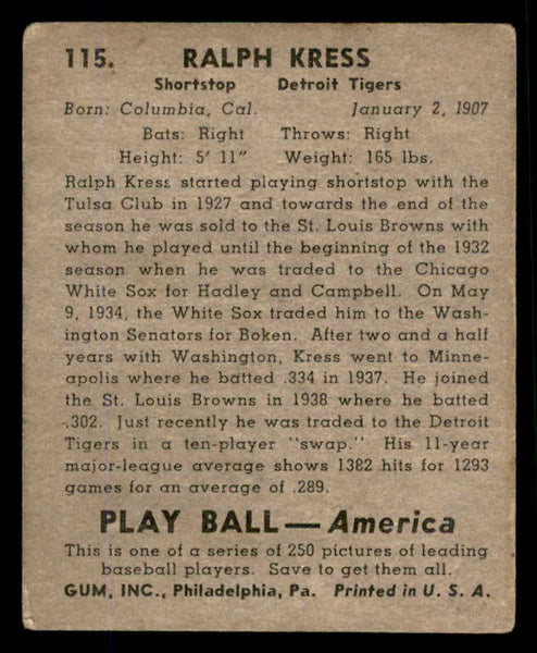 1939 Play Ball #115 Red Kress Tigers VG 558353