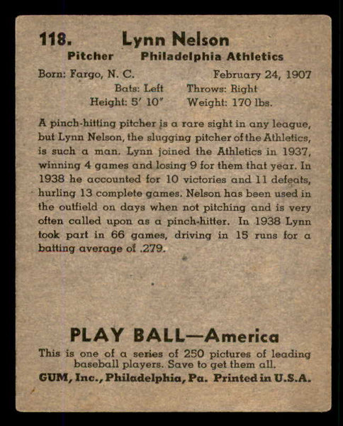 1939 Play Ball #118 Lynn Nelson A's VG 558356