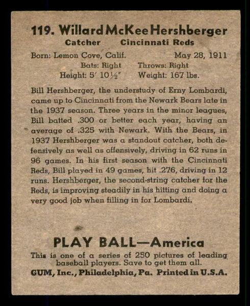 1939 Play Ball #119 Willard Hershberger Reds EX 558357