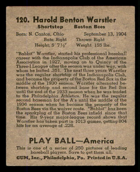 1939 Play Ball #120 Rabbit Warstler Braves EX 558358