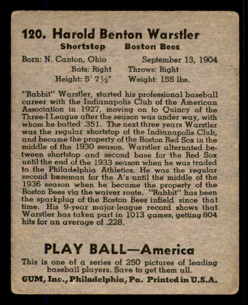 1939 Play Ball #120 Rabbit Warstler Braves Good 558359