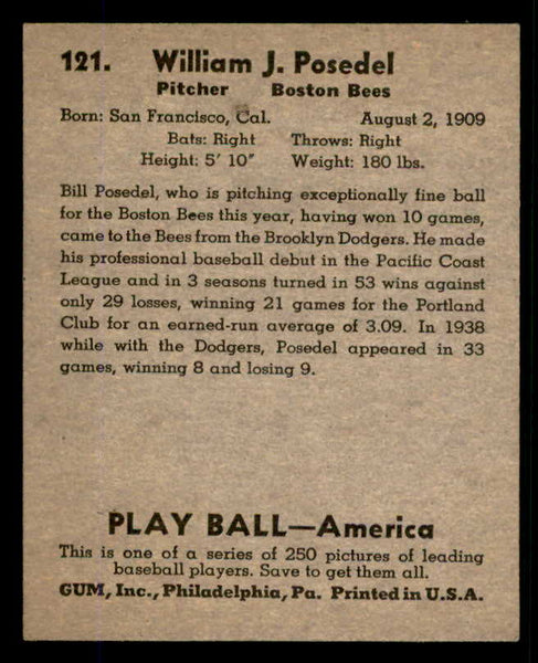 1939 Play Ball #121 Bill Posedel Braves EX-MT 558360
