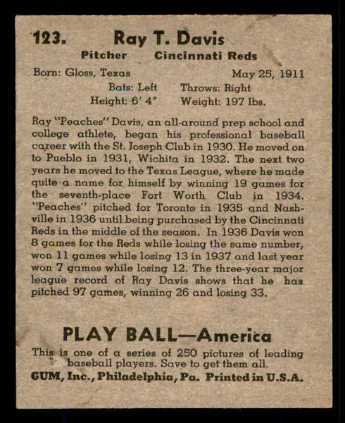 1939 Play Ball #123 Peaches Davis Reds EX 558362
