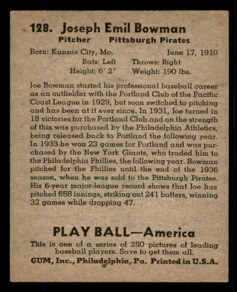 1939 Play Ball #128 Joe Bowman Pirates EX-MT 558363