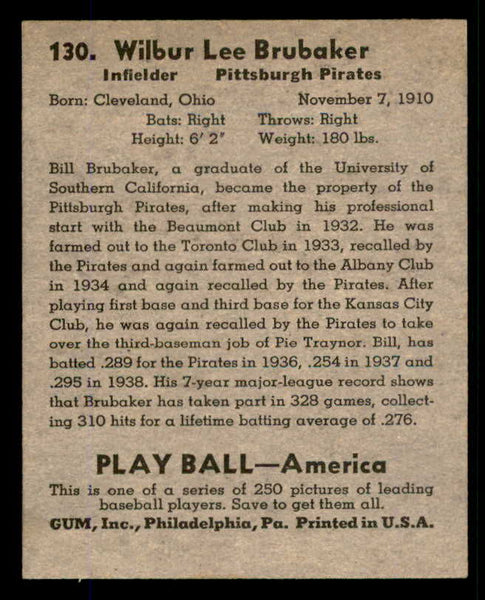 1939 Play Ball #130 Bill Brubaker Pirates EX 558365