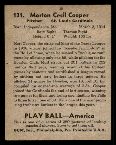 1939 Play Ball #131 Mort Cooper Cardinals EX-MT 558366