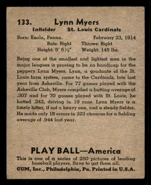 1939 Play Ball #133 Lynn Myers Cardinals EX 558368