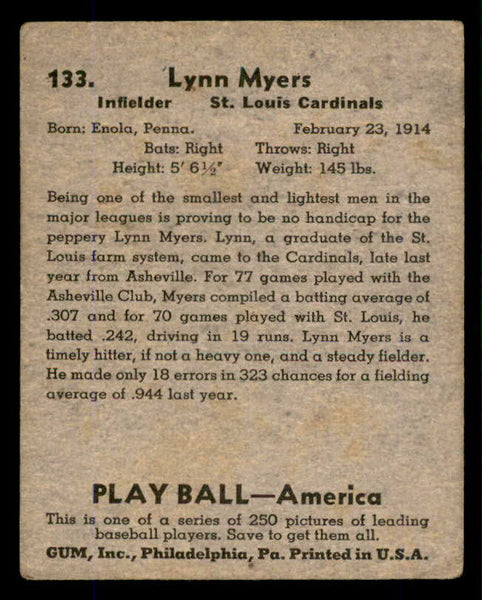 1939 Play Ball #133 Lynn Myers Cardinals VG 558369