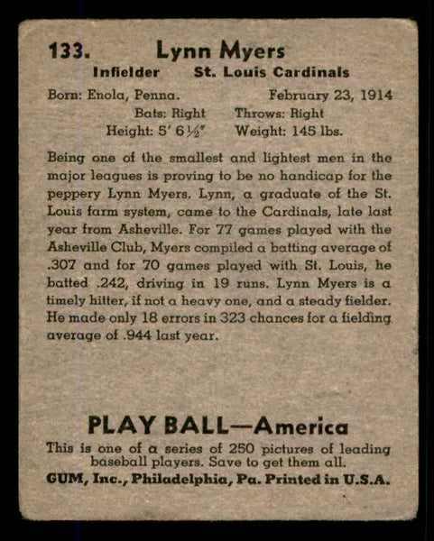 1939 Play Ball #133 Lynn Myers Cardinals GD-VG 558370