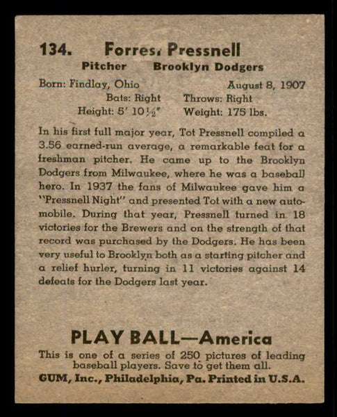 1939 Play Ball #134 Tot Pressnell Dodgers EX-MT 558371